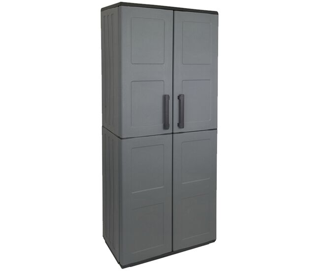 Armario porta escobas 68x37x163cm en polipropileno, material reciclable y eco-sostenible, está equipado con bisagras y estantes