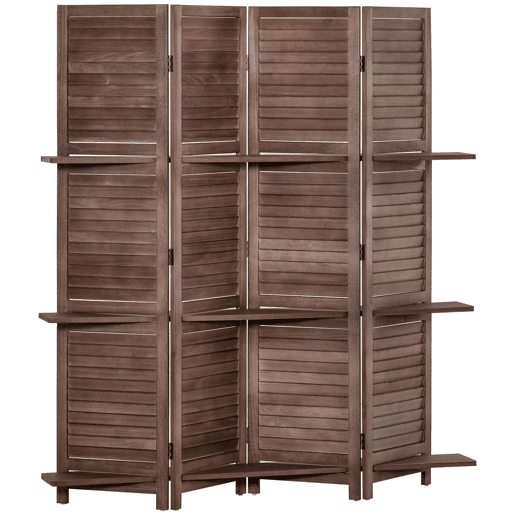 HOMCOM Biombo Dobrável de 4 Painéis em Madeira 162x170 cm com 3 Prateleiras, Estilo Persianas, Divisória para Quarto e Sala, Cor Nogueira