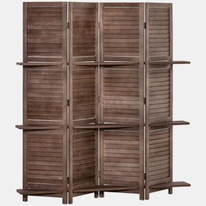HOMCOM Biombo Dobrável de 4 Painéis em Madeira 162x170 cm com 3 Prateleiras, Estilo Persianas, Divisória para Quarto e Sala, Cor Nogueira