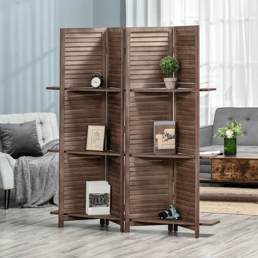 HOMCOM Biombo Dobrável de 4 Painéis em Madeira 162x170 cm com 3 Prateleiras, Estilo Persianas, Divisória para Quarto e Sala, Cor Nogueira