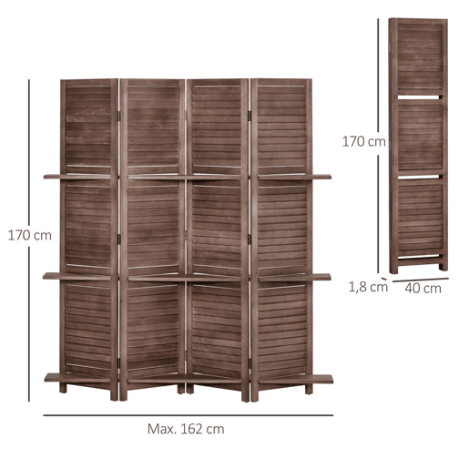 HOMCOM Biombo Dobrável de 4 Painéis em Madeira 162x170 cm com 3 Prateleiras, Estilo Persianas, Divisória para Quarto e Sala, Cor Nogueira