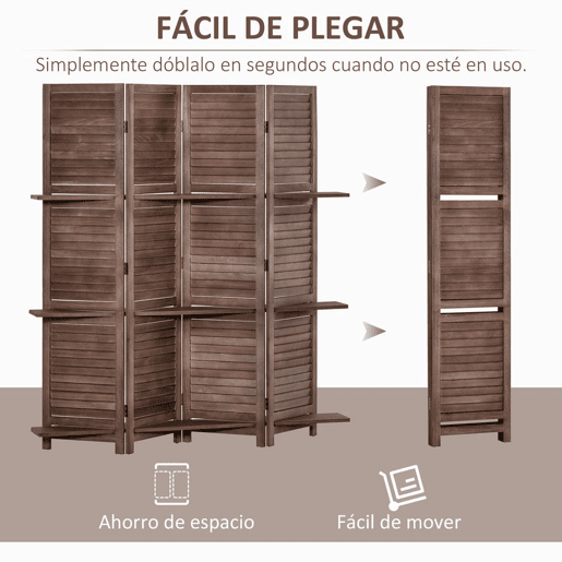 HOMCOM Biombo Dobrável de 4 Painéis em Madeira 162x170 cm com 3 Prateleiras, Estilo Persianas, Divisória para Quarto e Sala, Cor Nogueira
