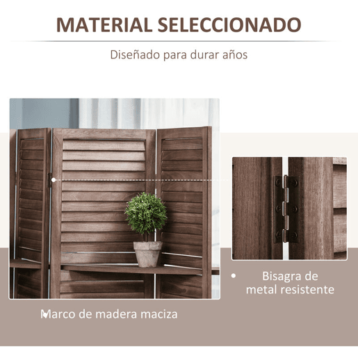 HOMCOM Biombo Dobrável de 4 Painéis em Madeira 162x170 cm com 3 Prateleiras, Estilo Persianas, Divisória para Quarto e Sala, Cor Nogueira