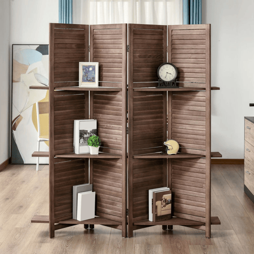 HOMCOM Biombo Dobrável de 4 Painéis em Madeira 162x170 cm com 3 Prateleiras, Estilo Persianas, Divisória para Quarto e Sala, Cor Nogueira