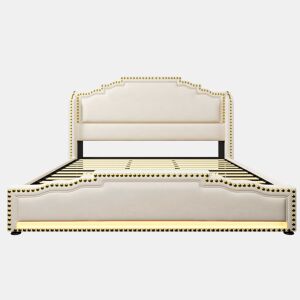 Cama estofada 180x200 - cama de casal com 4 gavetas, iluminação LED, porta USB-C, espaço de arrumação, base de ripas - bege