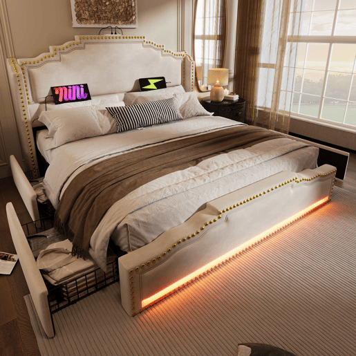 Cama estofada 180x200 - cama de casal com 4 gavetas, iluminação LED, porta USB-C, espaço de arrumação, base de ripas - bege