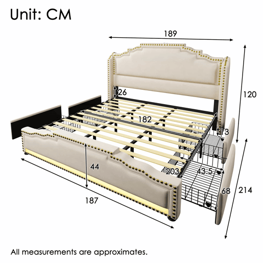 Cama estofada 180x200 - cama de casal com 4 gavetas, iluminação LED, porta USB-C, espaço de arrumação, base de ripas - bege