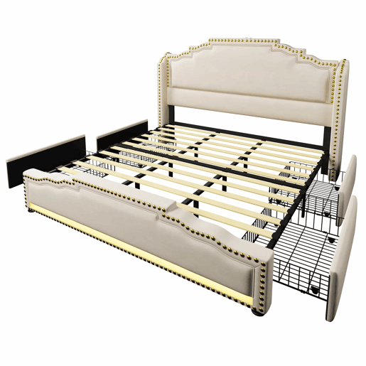 Cama estofada 180x200 - cama de casal com 4 gavetas, iluminação LED, porta USB-C, espaço de arrumação, base de ripas - bege