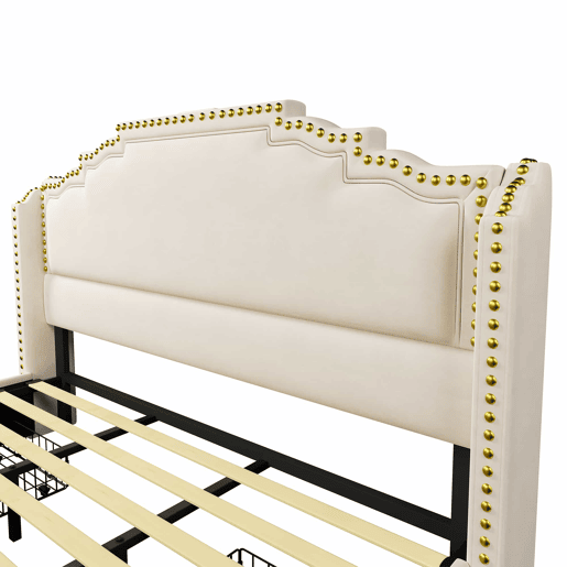 Cama estofada 180x200 - cama de casal com 4 gavetas, iluminação LED, porta USB-C, espaço de arrumação, base de ripas - bege