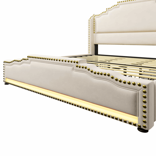 Cama estofada 180x200 - cama de casal com 4 gavetas, iluminação LED, porta USB-C, espaço de arrumação, base de ripas - bege
