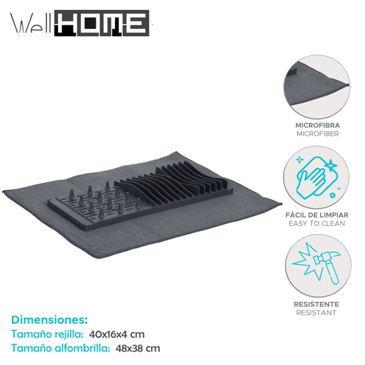 Escorredor de pratos Well Home com tapete de secagem de microfibra cinza