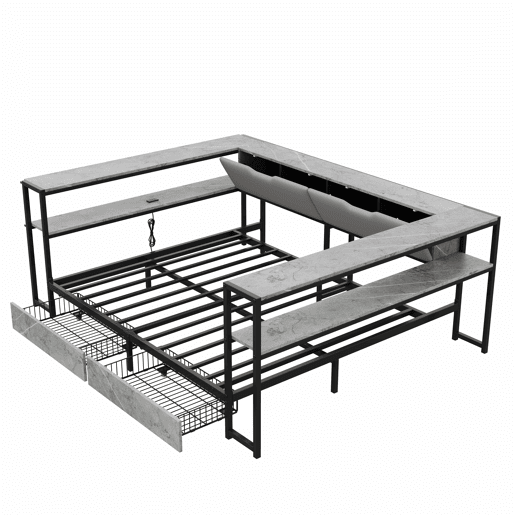 Sofá-cama estofado 140x200 - porta de carregamento USB e Type-C, 2 gavetas, base de lâminas metálicas, cama juvenildaybed - cinzento