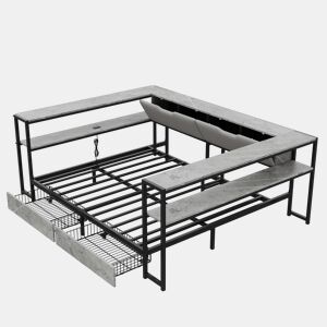 Sofá-cama estofado 140x200 - porta de carregamento USB e Type-C, 2 gavetas, base de lâminas metálicas, cama juvenildaybed - cinzento