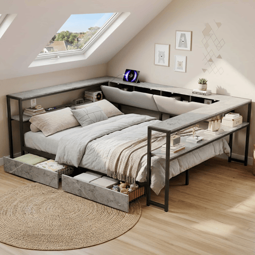 Sofá-cama estofado 140x200 - porta de carregamento USB e Type-C, 2 gavetas, base de lâminas metálicas, cama juvenildaybed - cinzento