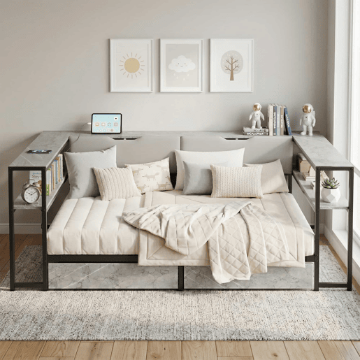 Sofá-cama estofado 140x200 - porta de carregamento USB e Type-C, 2 gavetas, base de lâminas metálicas, cama juvenildaybed - cinzento