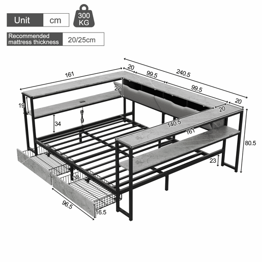 Sofá-cama estofado 140x200 - porta de carregamento USB e Type-C, 2 gavetas, base de lâminas metálicas, cama juvenildaybed - cinzento