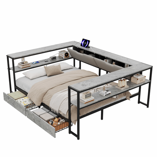 Sofá-cama estofado 140x200 - porta de carregamento USB e Type-C, 2 gavetas, base de lâminas metálicas, cama juvenildaybed - cinzento