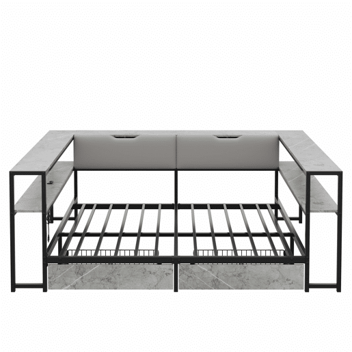 Sofá-cama estofado 140x200 - porta de carregamento USB e Type-C, 2 gavetas, base de lâminas metálicas, cama juvenildaybed - cinzento