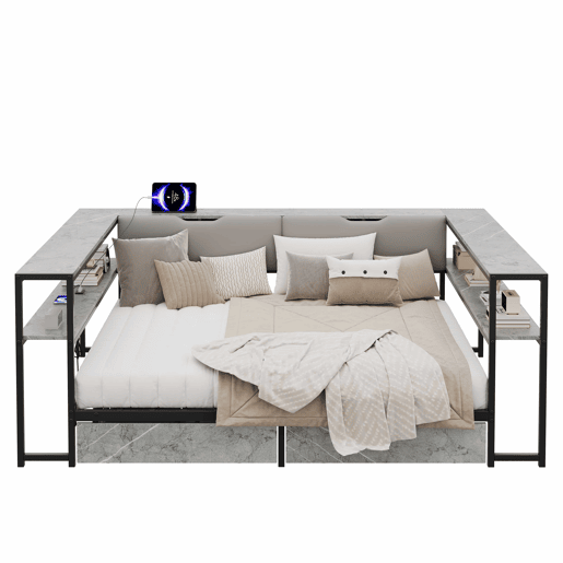 Sofá-cama estofado 140x200 - porta de carregamento USB e Type-C, 2 gavetas, base de lâminas metálicas, cama juvenildaybed - cinzento