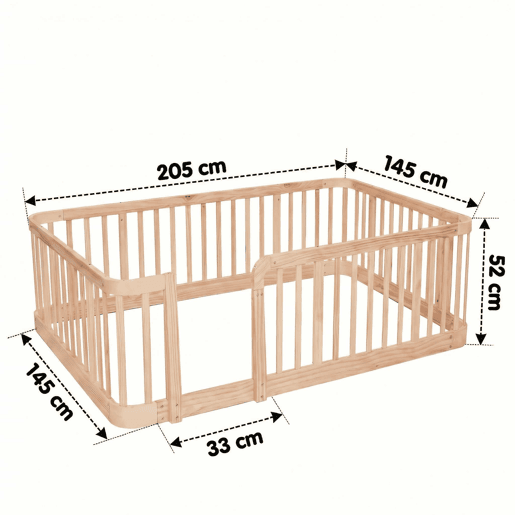 Parque infantil modular 140 x 200 cm - Espaçamento seguro entre as barras de 7 cm, bordas arredondadas, design anti-encravamento no chão, porta de segurança multifuncional para a casa e animais de estimação - Natural