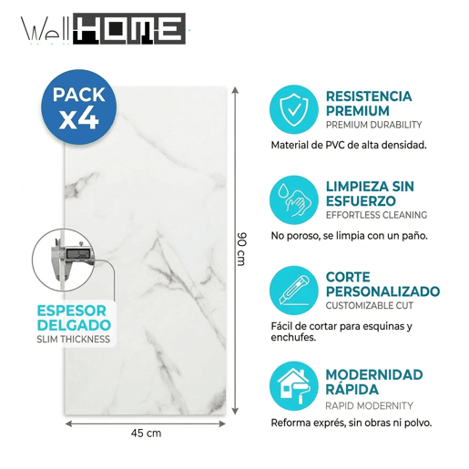 Conjunto Well Home com 4 painéis decorativos com efeito mármore.