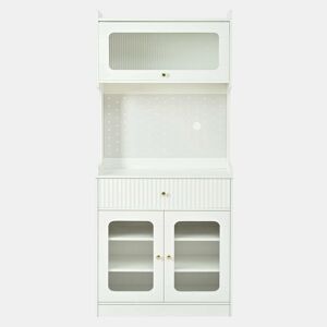 Armário alto - prateleiras ajustáveis, gavetas, iluminação LED, portas de vidro estriado, multifuncional para cozinha, sala de estar e sala de jantar - branco