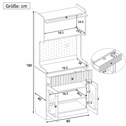 Armário alto - prateleiras ajustáveis, gavetas, iluminação LED, portas de vidro estriado, multifuncional para cozinha, sala de estar e sala de jantar - branco