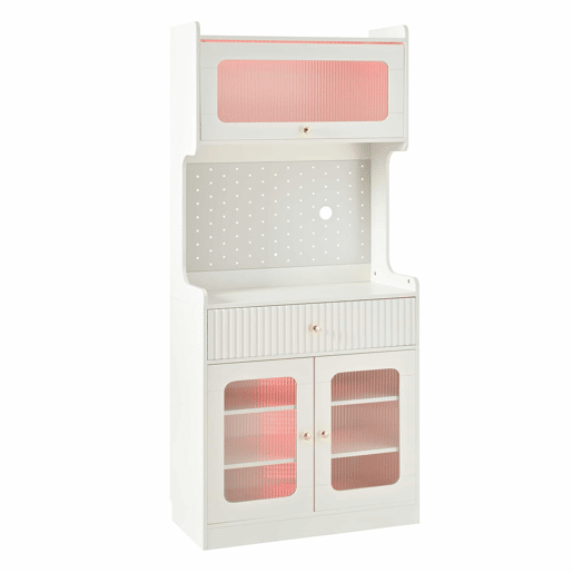 Armário alto - prateleiras ajustáveis, gavetas, iluminação LED, portas de vidro estriado, multifuncional para cozinha, sala de estar e sala de jantar - branco
