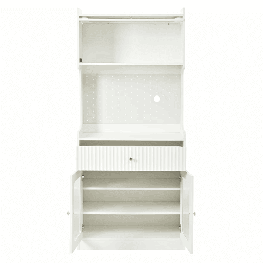 Armário alto - prateleiras ajustáveis, gavetas, iluminação LED, portas de vidro estriado, multifuncional para cozinha, sala de estar e sala de jantar - branco