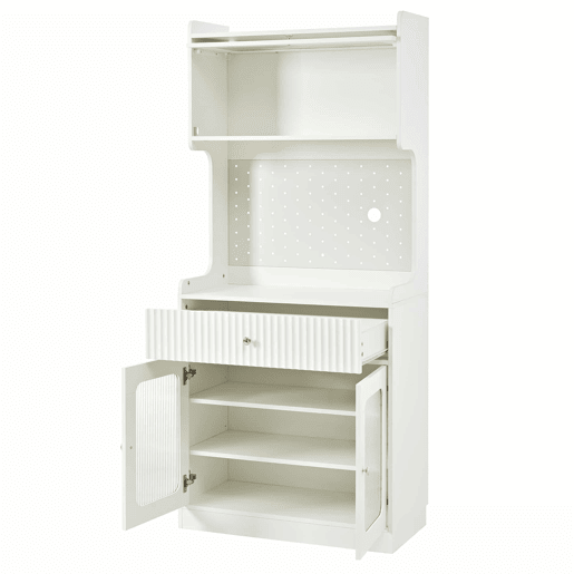 Armário alto - prateleiras ajustáveis, gavetas, iluminação LED, portas de vidro estriado, multifuncional para cozinha, sala de estar e sala de jantar - branco