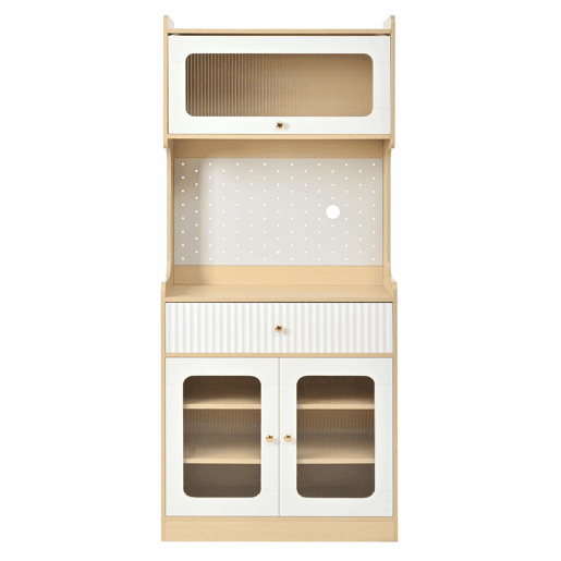 Armário alto - prateleiras ajustáveis, gavetas, iluminação LED, portas de vidro estriado, multifuncional para cozinha e sala de estar - natural e branco