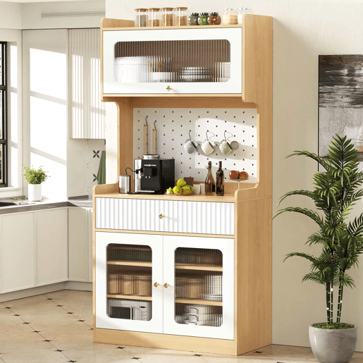Armário alto - prateleiras ajustáveis, gavetas, iluminação LED, portas de vidro estriado, multifuncional para cozinha e sala de estar - natural e branco