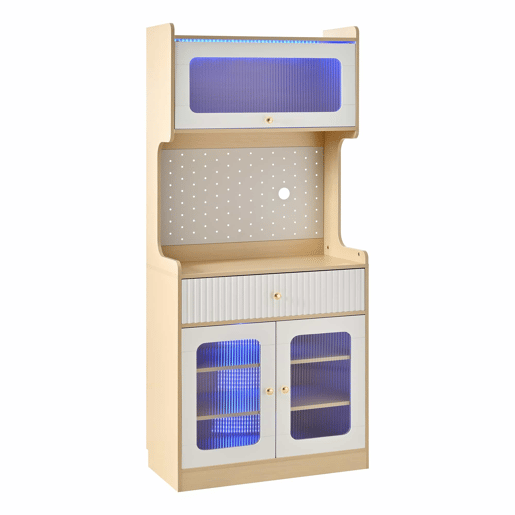 Armário alto - prateleiras ajustáveis, gavetas, iluminação LED, portas de vidro estriado, multifuncional para cozinha e sala de estar - natural e branco