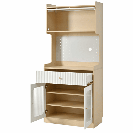 Armário alto - prateleiras ajustáveis, gavetas, iluminação LED, portas de vidro estriado, multifuncional para cozinha e sala de estar - natural e branco
