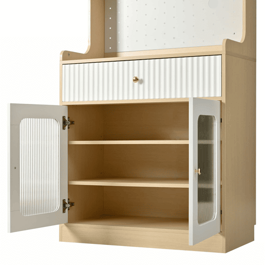 Armário alto - prateleiras ajustáveis, gavetas, iluminação LED, portas de vidro estriado, multifuncional para cozinha e sala de estar - natural e branco