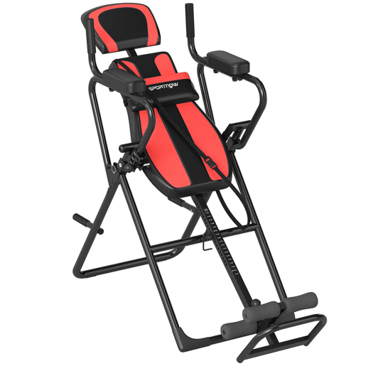 SPORTNOW Tabela de Inversão Dobrável 3 em 1 com Elevações e Flexões Apoio de Cabeça Altura Ajustável 155-198 cm Ângulos 20° 40° 60° Banco de Inversão com Suporte Lombar Bloqueio de Tornozelo Vermelho