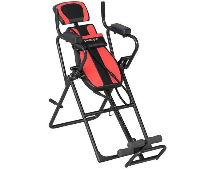 Sportnow tabla de inversión plegable 3 en 1 con dominadas y flexiones reposacabezas altura ajustable 155-198 cm ángulos 20° 40° 60° banco de inversión con soporte lumbar tobillo bloqueo cinturón rojo