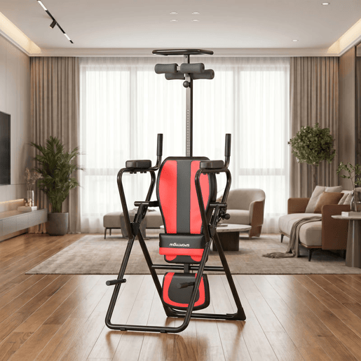 SPORTNOW Tabela de Inversão Dobrável 3 em 1 com Elevações e Flexões Apoio de Cabeça Altura Ajustável 155-198 cm Ângulos 20° 40° 60° Banco de Inversão com Suporte Lombar Bloqueio de Tornozelo Vermelho