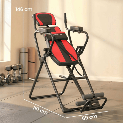 SPORTNOW Tabela de Inversão Dobrável 3 em 1 com Elevações e Flexões Apoio de Cabeça Altura Ajustável 155-198 cm Ângulos 20° 40° 60° Banco de Inversão com Suporte Lombar Bloqueio de Tornozelo Vermelho