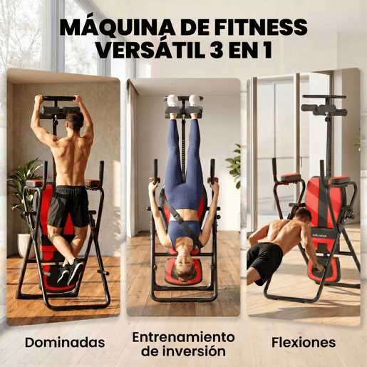 SPORTNOW Tabela de Inversão Dobrável 3 em 1 com Elevações e Flexões Apoio de Cabeça Altura Ajustável 155-198 cm Ângulos 20° 40° 60° Banco de Inversão com Suporte Lombar Bloqueio de Tornozelo Vermelho