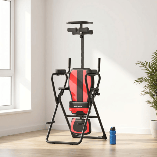 SPORTNOW Tabela de Inversão Dobrável 3 em 1 com Elevações e Flexões Apoio de Cabeça Altura Ajustável 155-198 cm Ângulos 20° 40° 60° Banco de Inversão com Suporte Lombar Bloqueio de Tornozelo Vermelho