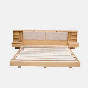 Cama flutuante 180x200 cm - com cabeceira com espaço de arrumação, porta USB, gavetas, prateleiras e estrutura estofada - natural