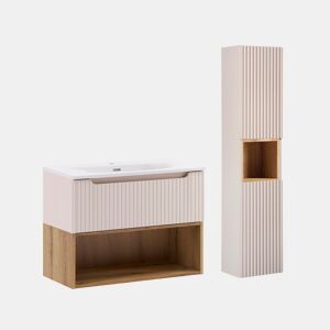 Conjunto lavatório individual encastrado 80cm coluna Riva Caxemira madeira