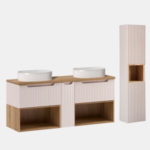 Conjunto móvel lavatório duplo 140cm e coluna Riva Caxemira e Madeira