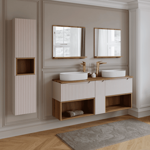 Conjunto móvel lavatório duplo 140cm e coluna Riva Caxemira e Madeira