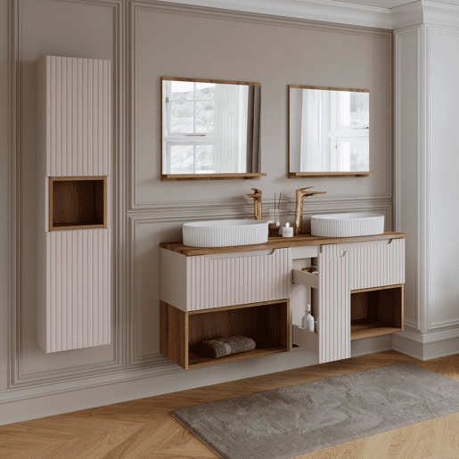 Conjunto móvel lavatório duplo 140cm e coluna Riva Caxemira e Madeira