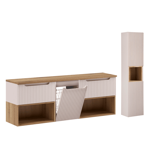 Conjunto cesto para roupa suja e coluna Riva Caxemira e Madeira 160cm