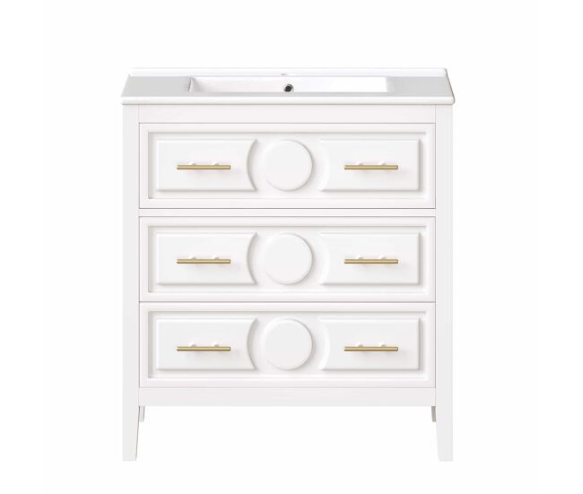 Mueble bajo lavabo de baño 81x46,5 cm - 3 cajones estilo retro, lavabo de cerámica, sistema soft-close, independiente, tiradores metálicos - blanco