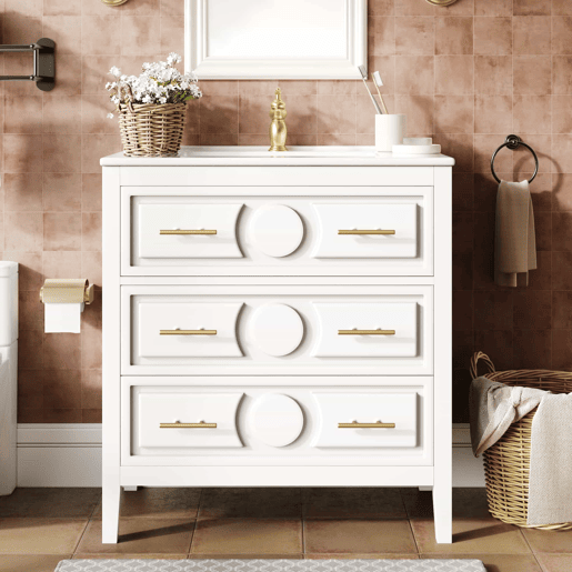 Móvel de lavatório de 81 x 46,5 cm - 3 gavetas de estilo retro, lavatório em cerâmica, sistema de fecho suave, independente, puxadores metálicos - branco