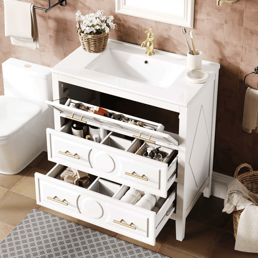 Móvel de lavatório de 81 x 46,5 cm - 3 gavetas de estilo retro, lavatório em cerâmica, sistema de fecho suave, independente, puxadores metálicos - branco